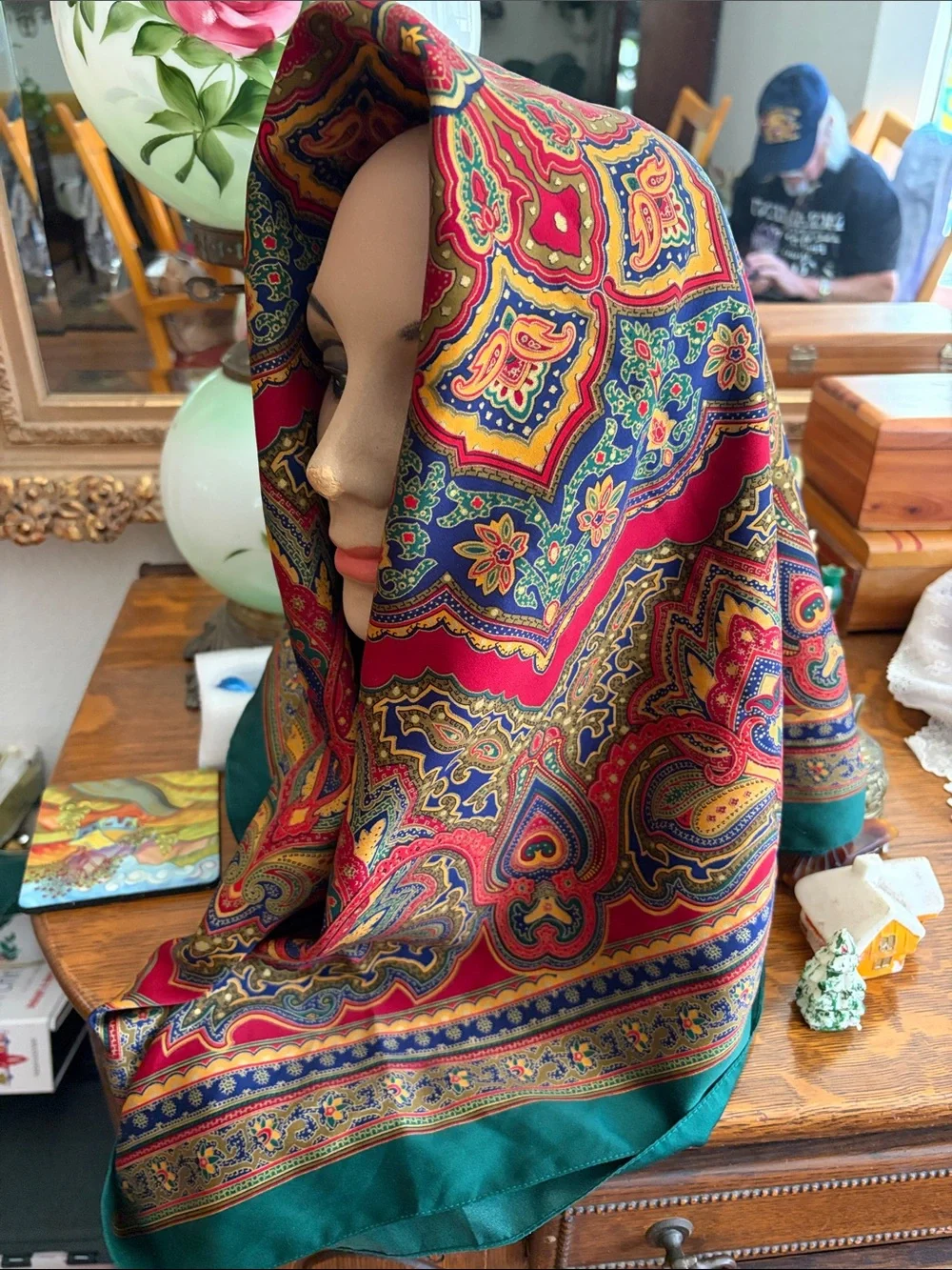 Paisley Medallion Silk-Feel Scarf in Red, Green, Navy